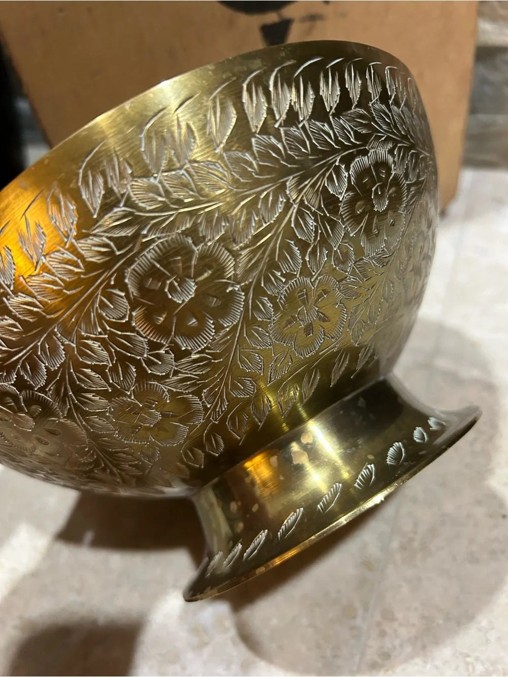 Vintage Brass pedestal Bowl with an Etched Floral Design